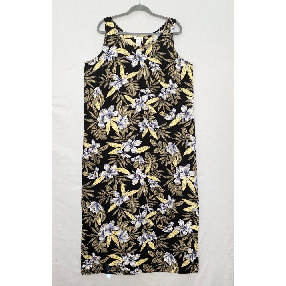 💎Jones New York Maxi Dress 16 Black White Gold Floral Linen Sleeveless Pullover